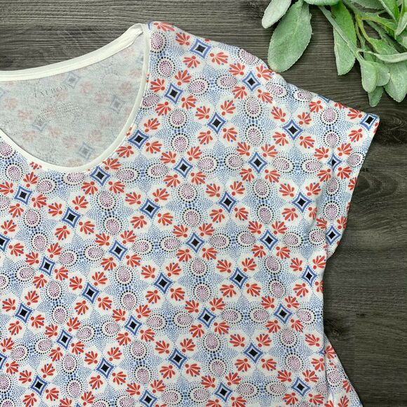 TALBOTS | sz S Women's White/Blue/Orange Medallion Short Sleeve Chiffon Hem Tee - Picture 2 of 6